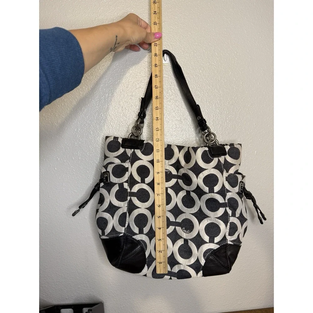 Coach Signature Op Art Draw String Sides Hobo Handbag Black White 14573